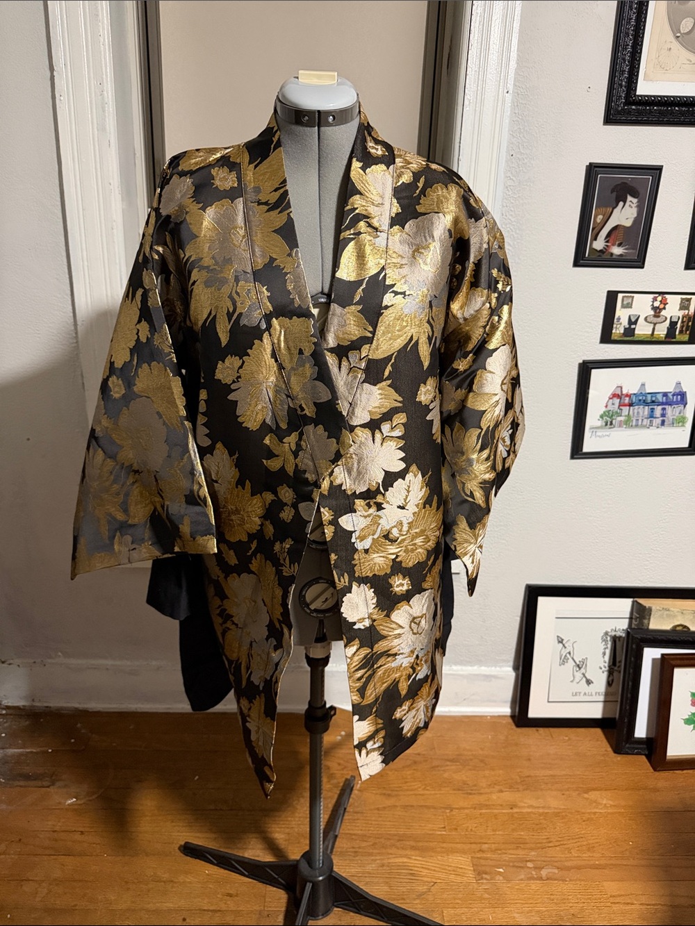 Gold Floral Satin Kimono 2 ways Jacket - Women